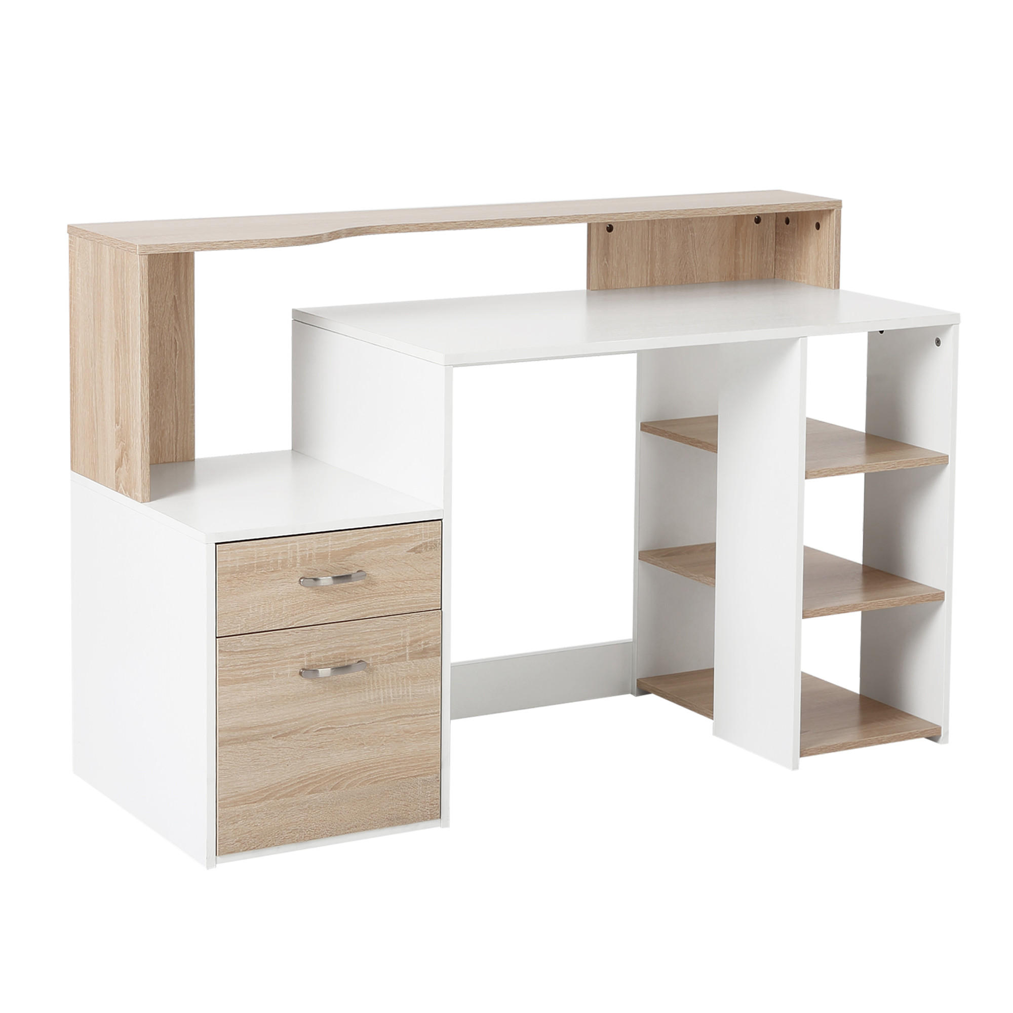 SCHREIBTISCH Eiche mit 2 Schubladen und Regalfächern 137/55/92 cm - Beige, Holzwerkstoff (55/137/92cm) - PANGIVO