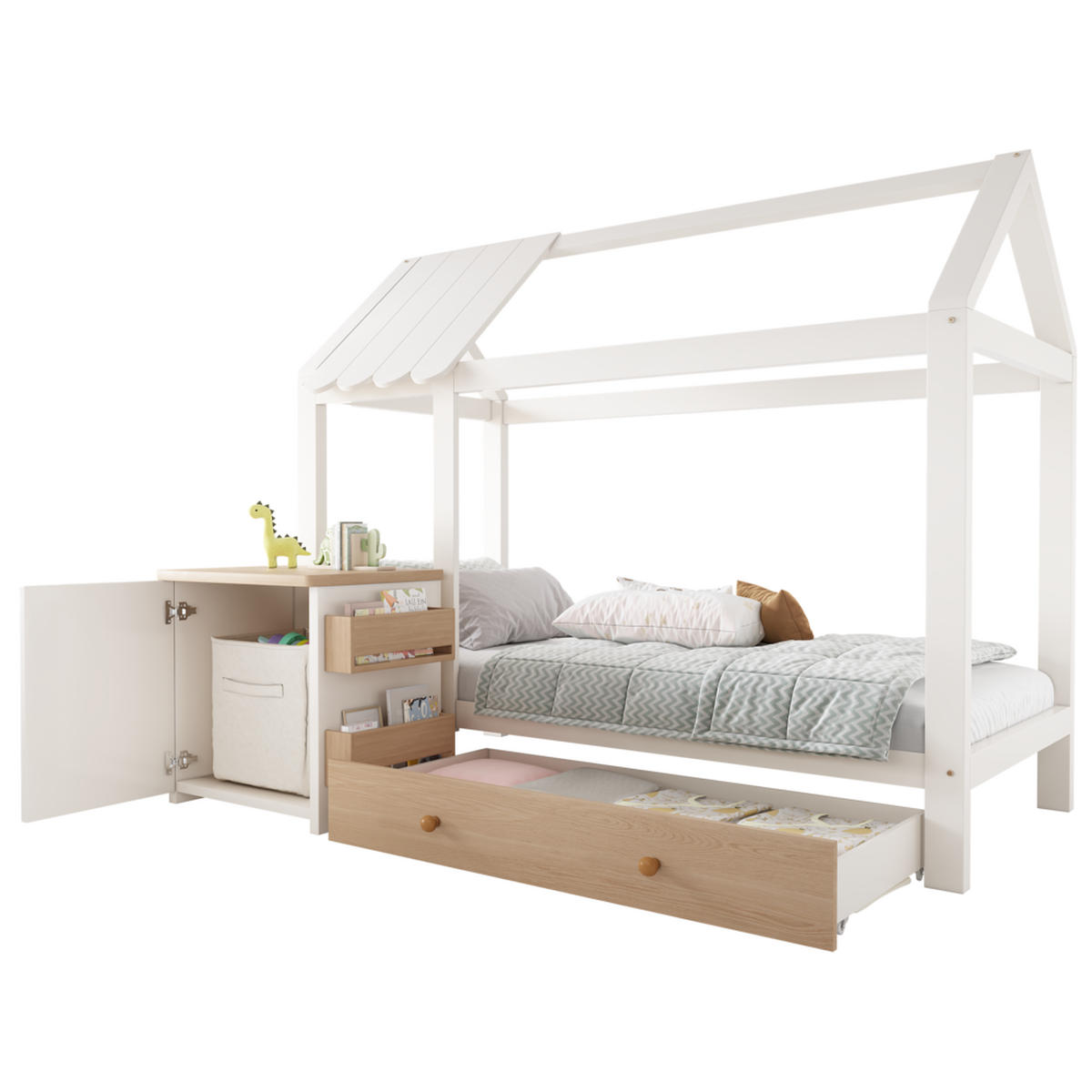 KINDERBETT 90X200 cm aus Massivholz mit Schubladen und Nachttischen - Eiche Bianco, Holz (90/200cm) - FLIEKS