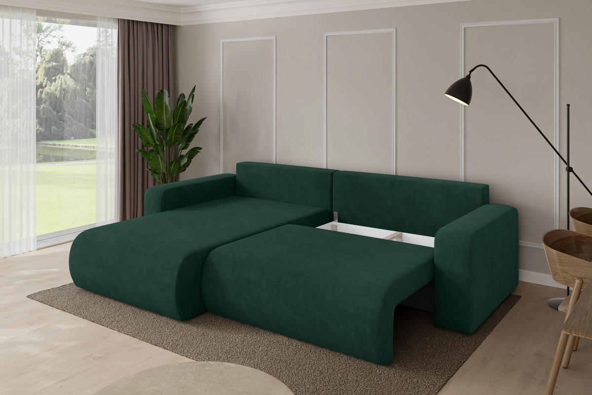 ROHOVÁ SEDAČKA s funkcí spaní, otoman vlevo BERY-L 276x193x88 zelená velur - černá/zelená barva, kompozitní dřevo/textil (276/193cm) - ALTDECOR
