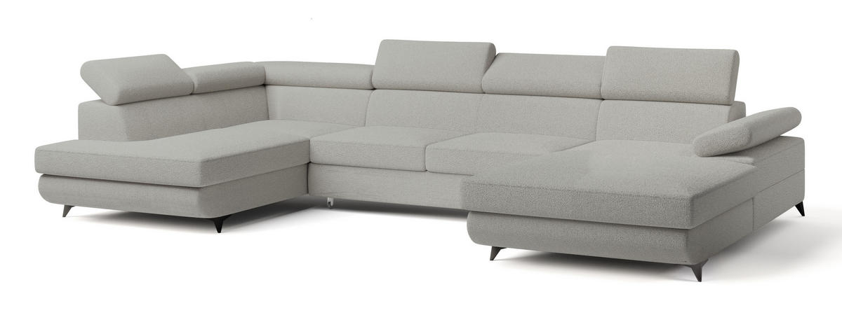 WOHNLANDSCHAFT RUBANO L-S Hellgrau Boucle-Stoff mit Schlaffunktion - Hellgrau, Holz (339/89/190cm) - MASSENO