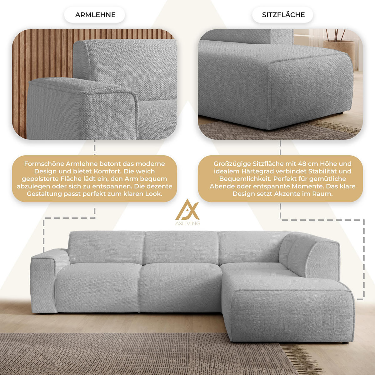 ECKSOFA L Form Didim Hellgrau 292/220/78 cm – großes Sofa stilvoll & bequem R - Hellgrau/Schwarz, Kunststoff/Textil (292/220cm) - AX Living