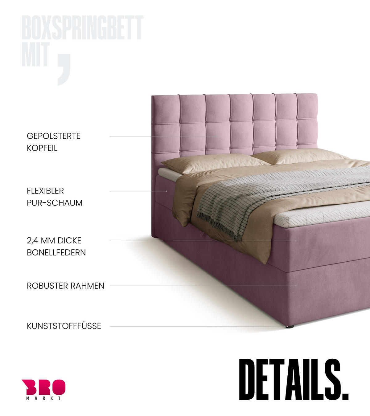 BOXBETT Detroit mit Topper 140/200 Rosa - Rosa, Holzwerkstoff/Textil (140/200cm) - Bromarkt