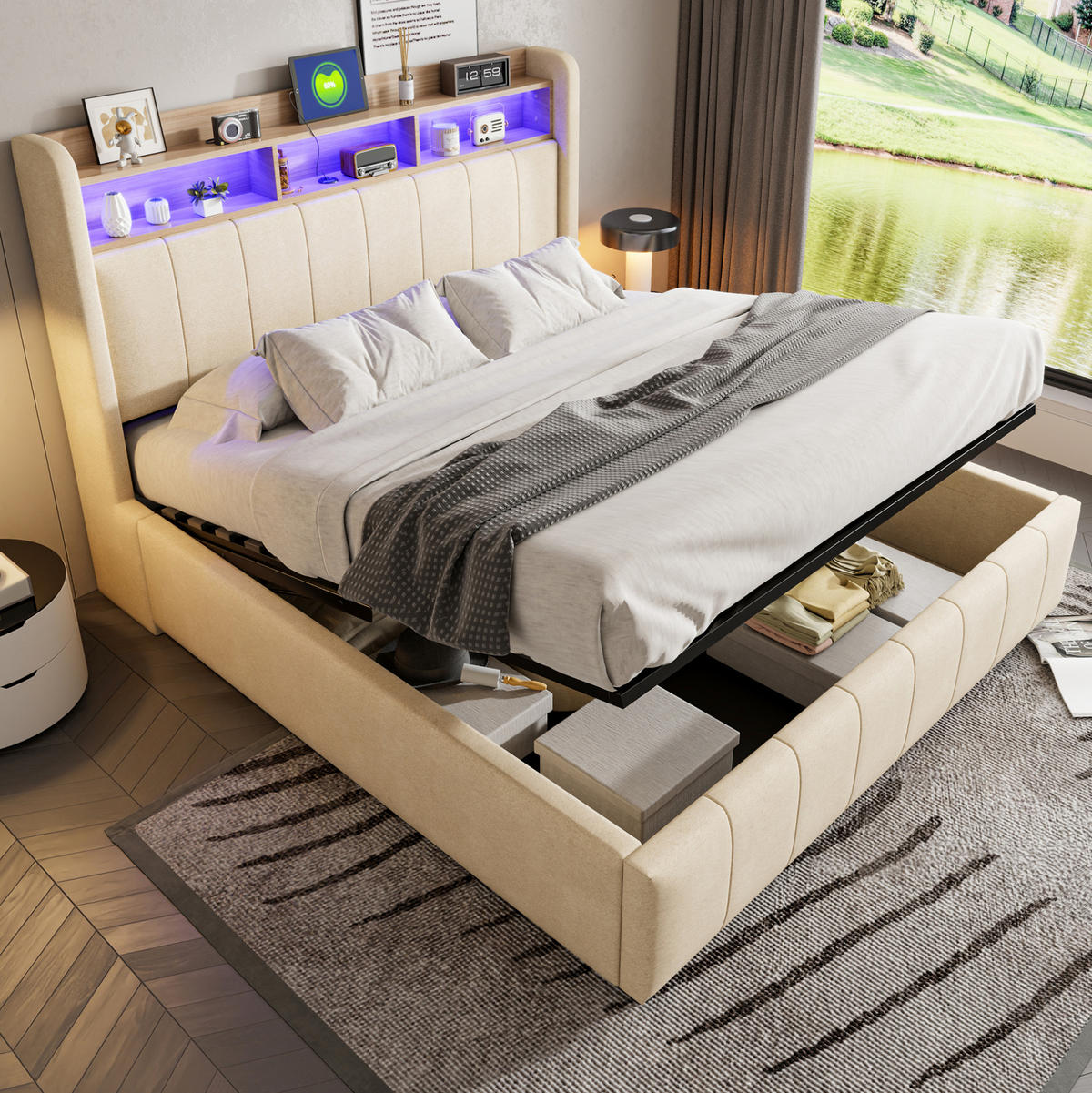 POLSTERBETT 160/200 cm Beige aus Leinenstoff mit LED und Stauraum - Beige, Textil (160/200cm) - OKMYHOME