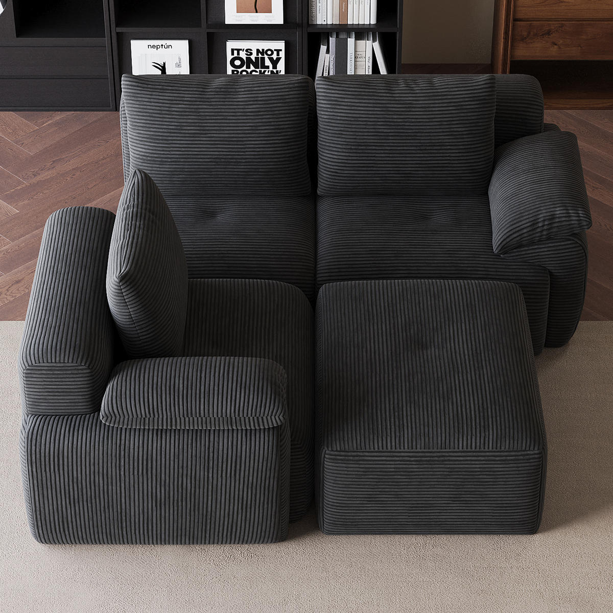 ECKSOFA,3-SITZER-SOFA,CORDSTOFF Stoffsofa L Form mit Hocker,Dunkelgrau - Grau, Textil (264/89cm) - PARAFTA HOME