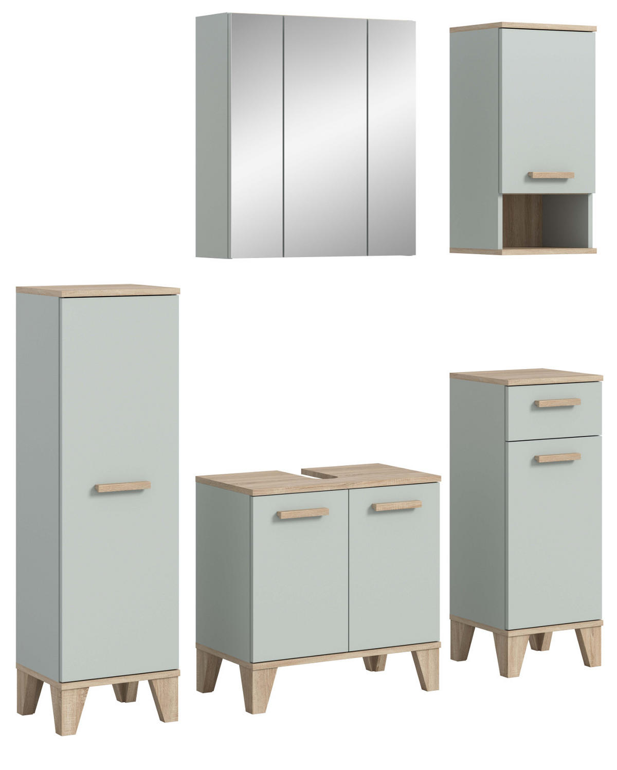 BADMÖBEL-SET 5-teilig grün, Eiche 158 x 190 cm, Komplettset mit viel Stauraum - Eichefarben/Grün, Glas/Holzwerkstoff (158/190/34cm) - Inn.Furn