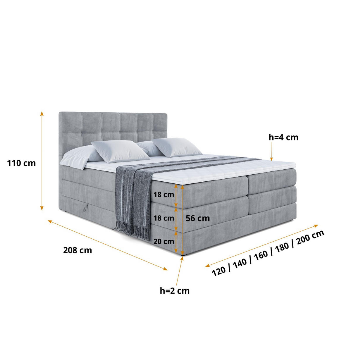 BOXSPRINGBETT MARCE KING - 160x200 - H3/H4 - Grau - Grau, Holzwerkstoff (160/200cm) - ALTDECOR