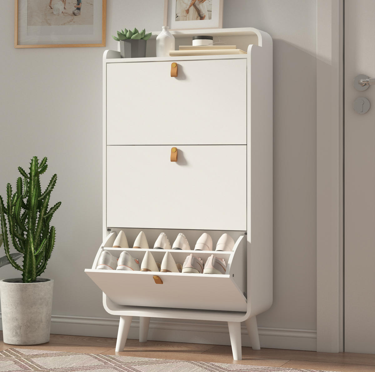 SCHUHSCHRANK aus MDF & Melamin in Weiß mit 3 Klapptüren - Weiß, Holzwerkstoff (63/133.7/29.5cm) - Modfu