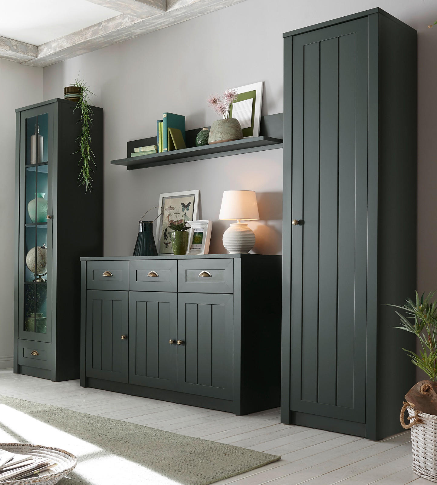 WOHNWAND grün Landhaus 4-teilig 270 cm, Wohnkombination mit viel Stauraum - Chromfarben/Schwarz, Glas/Holzwerkstoff (270/198/43cm) - Furn.Design