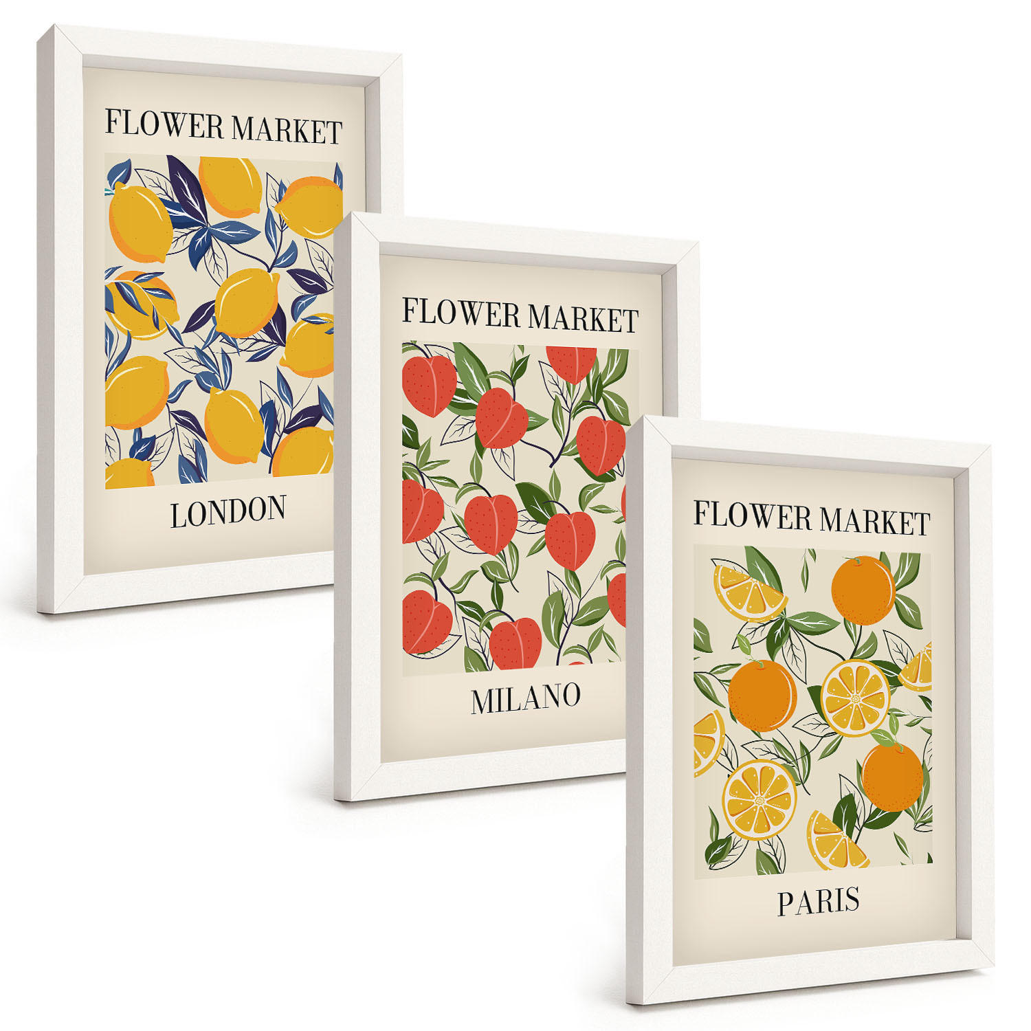 BILDER SET 3er Set - 20x30 cm Weißer Rahmen - Blumenplakate in Städten - Weiß, Kunststoff (20/30cm) - TULUP