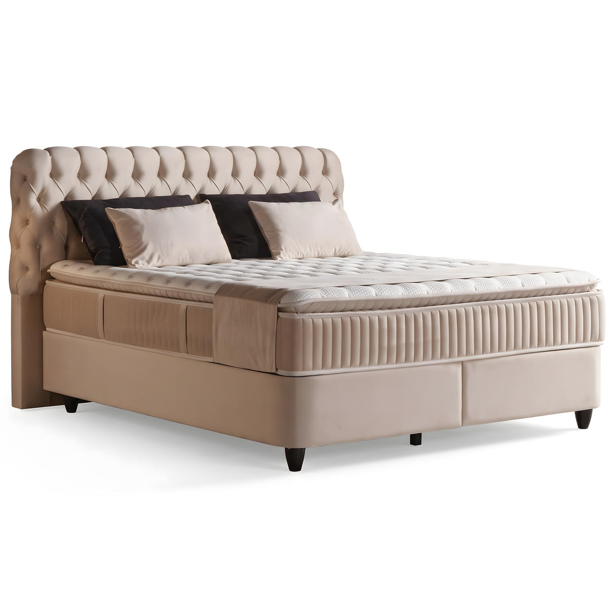 BOXSPRINGBETT MIT BETTKASTEN SIENA 140/200 cm, Beige, Bettkasten, Matratze, Topper integriert, H3 mittel, 7-Zonen Matratze - Beige/Schwarz, Holz/Kunststoff (140/200cm) - Consilio Concept