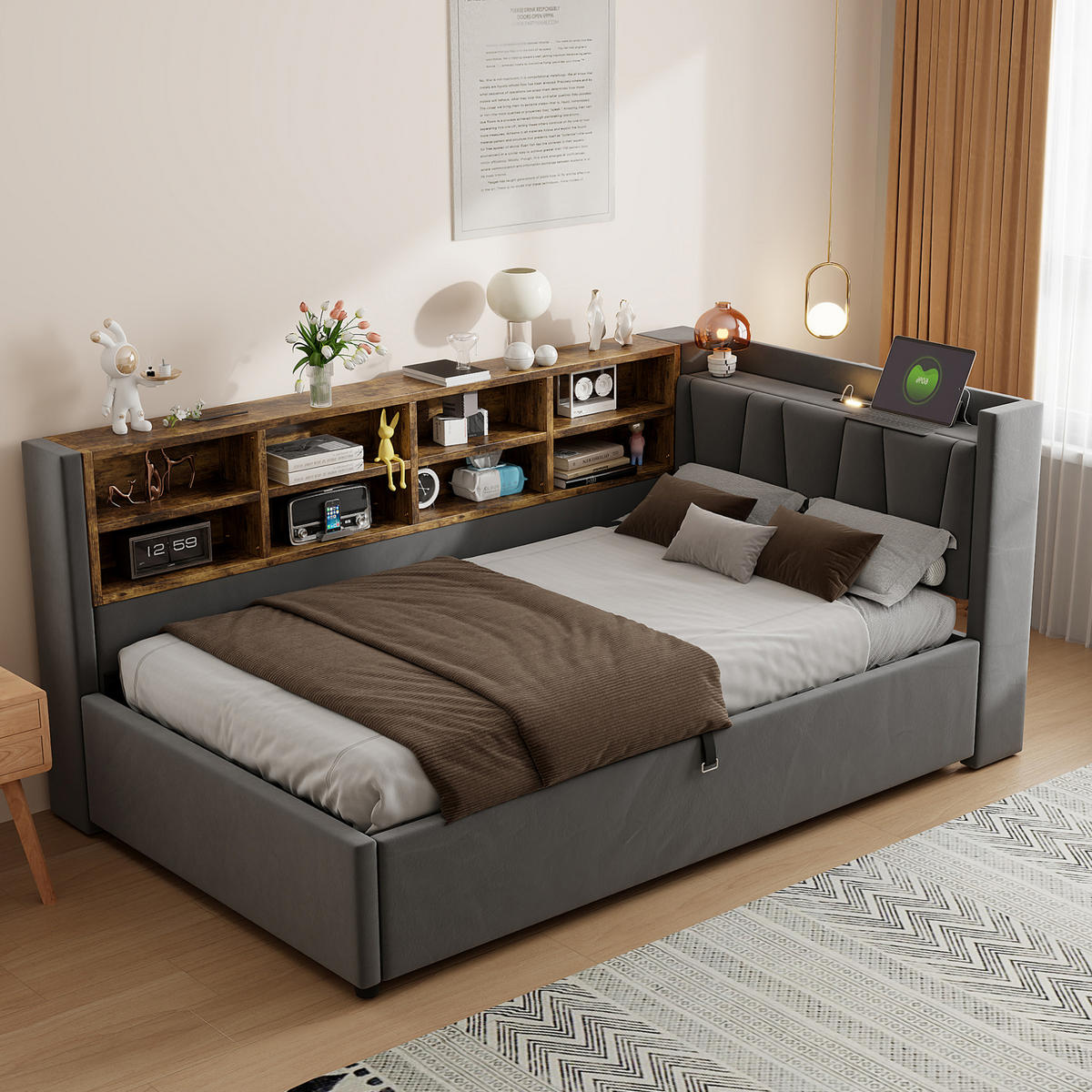 SAMT-POLSTERBETT 90/200 cm mit Bettkasten, USB-C und Nachtlicht - Dunkelgrau, Textil (90/200cm) - BEAOK