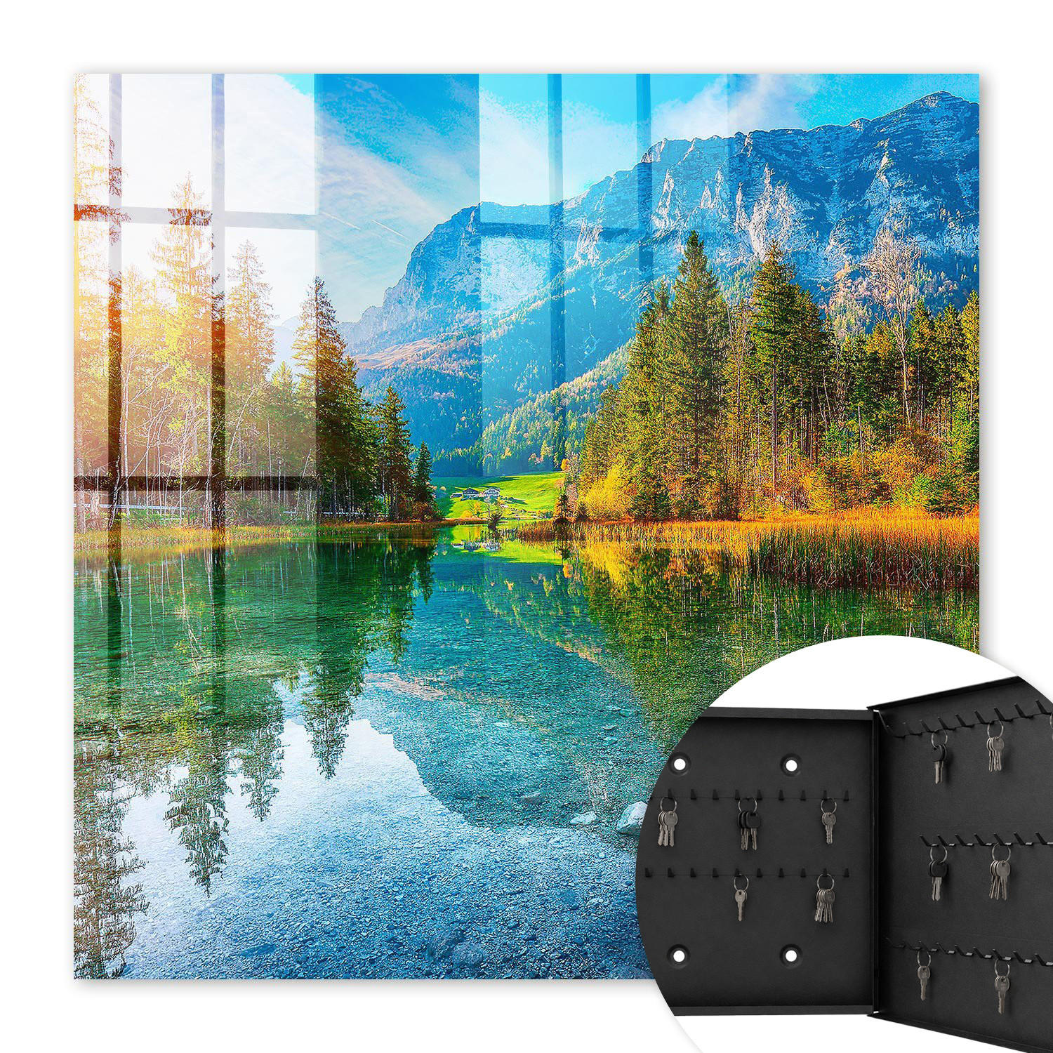 SCHLÜSSELBOX Schwarz 30x30 cm- Türöffnung nach rechts - Berglandschaft - Grün, Metall (30/30/5cm) - TULUP