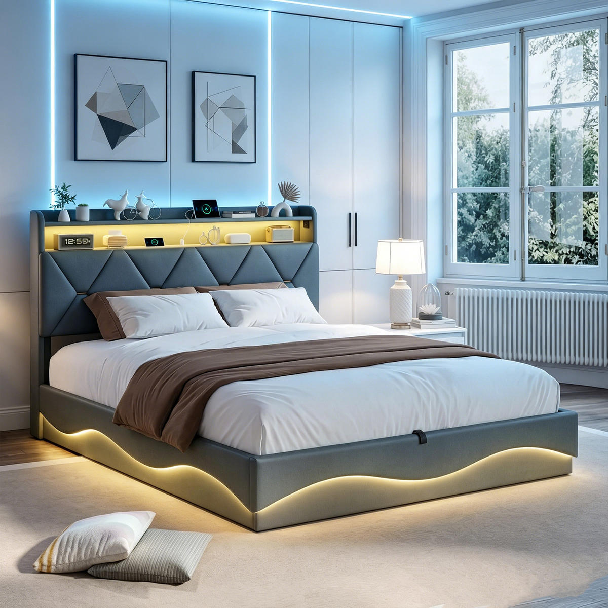 POLSTERBETT 160 x 200, Doppelbett mit Bettkasten und Lattenrost, Kopfteil, LED, USB, Samt, grau - Grau, Holzwerkstoff/Textil (160/200cm) - GENKI LIVING