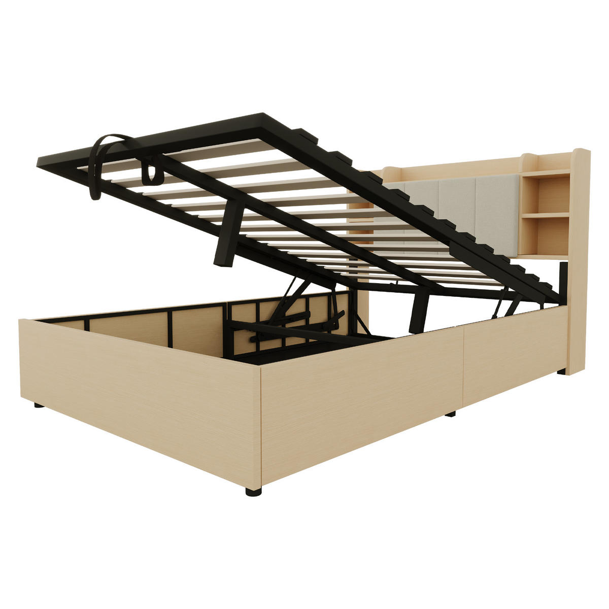STAURAUMBETT 140/200 cm DE-01429, in Holzfarbe, mit Hydraulik und USB-C - Naturfarben, Holzwerkstoff (140/200cm) - ComfortXL