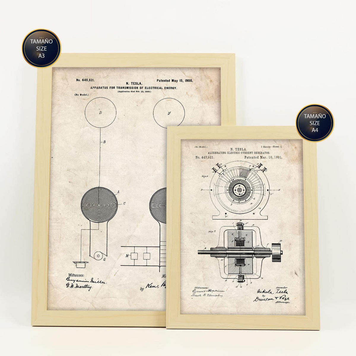 POSTER Set Mit 6 Plakaten Mit Strom 1 Patenten Im Vintage Stil A3 & A4 Rahmen Aus Hellem Holz - Beige, Papier (29/3cm) - Nacnic