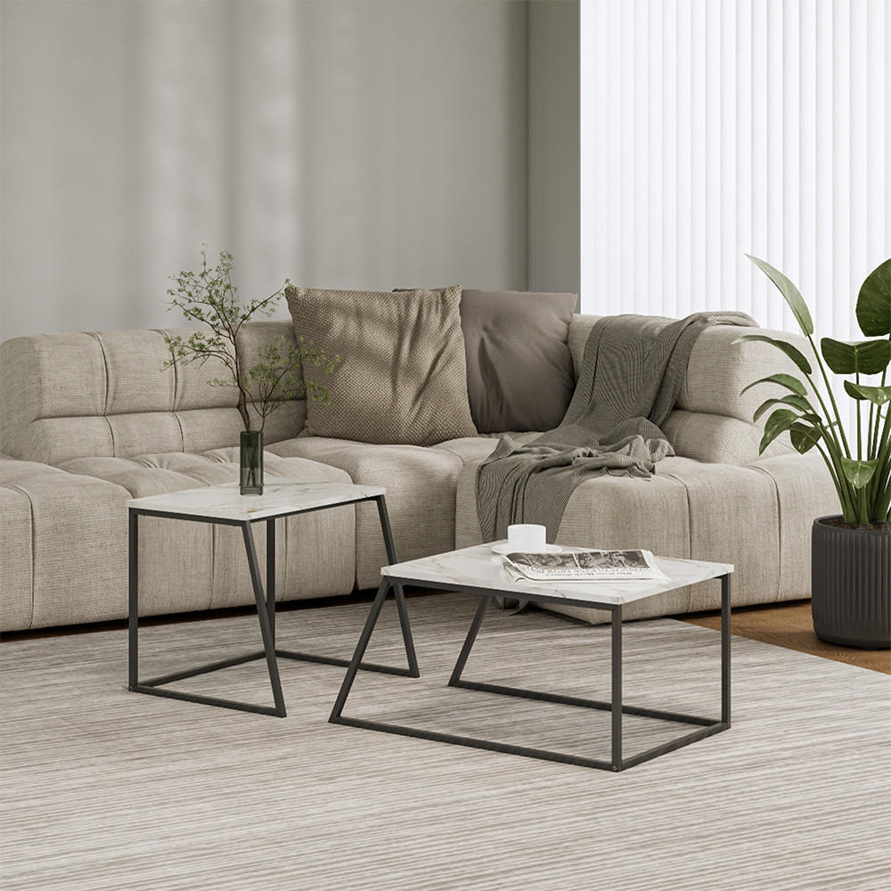 COUCHTISCH-SET Myra Schwarz/Marmor-Weiß 60 x 50 cm 2 Teile - Weiß Hochglanz/Schwarz, Holzwerkstoff (50/60/38cm) - Vicco