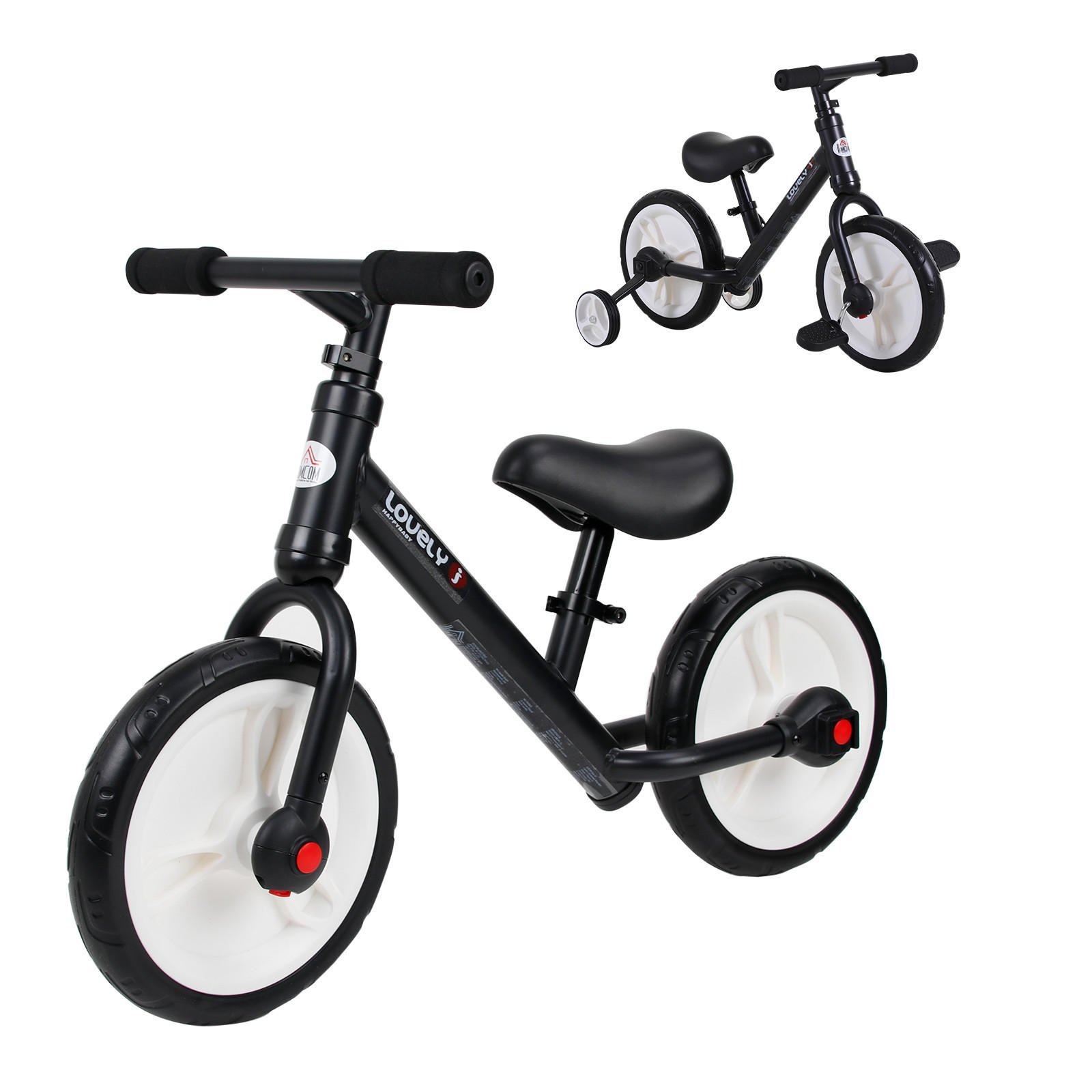 KINDER Laufrad Kinderfahrrad Stützräder Pedale 2-in-1 2-5 Jahre Kunststoff - Schwarz, Kunststoff (85/36/54cm) - HOMCOM