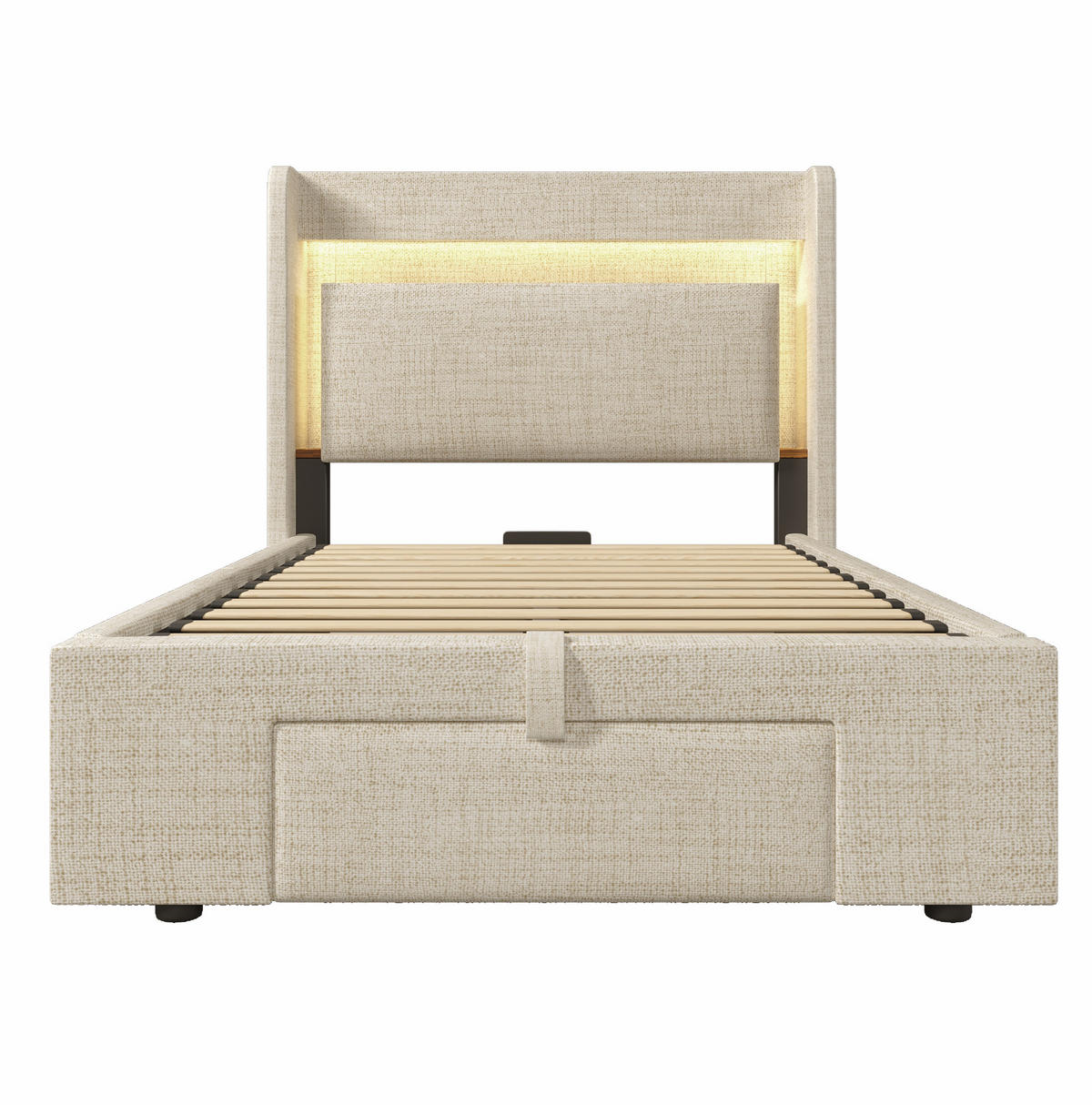 POLSTERBETT aus Leinen 90x200 cm in Beige mit LED, USB-C & Stauraum - Beige, Textil (90/200cm) - Modfu