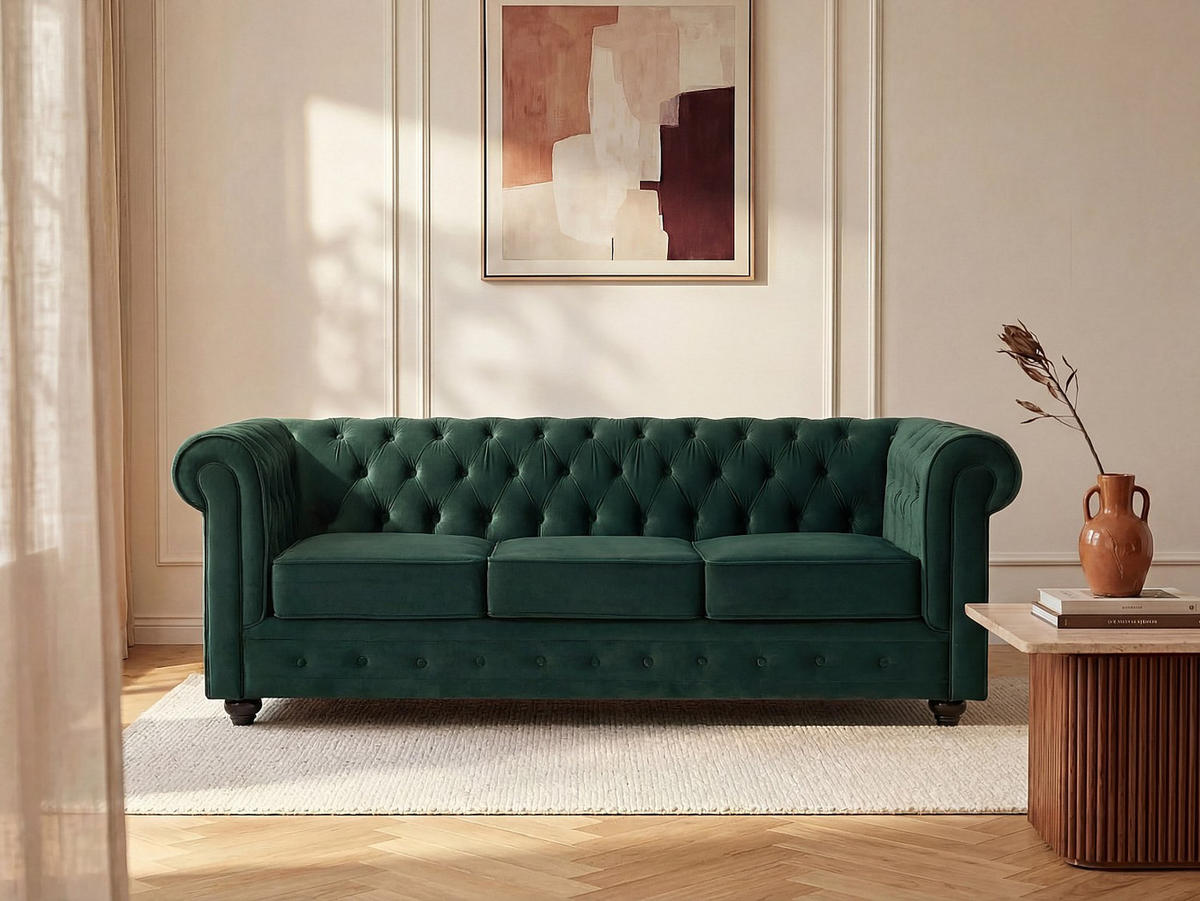 SOFA 3-Sitzer - Samt - Grün - CHESTERFIELD - Grün, Textil (205/72/88cm) - Vente-Unique