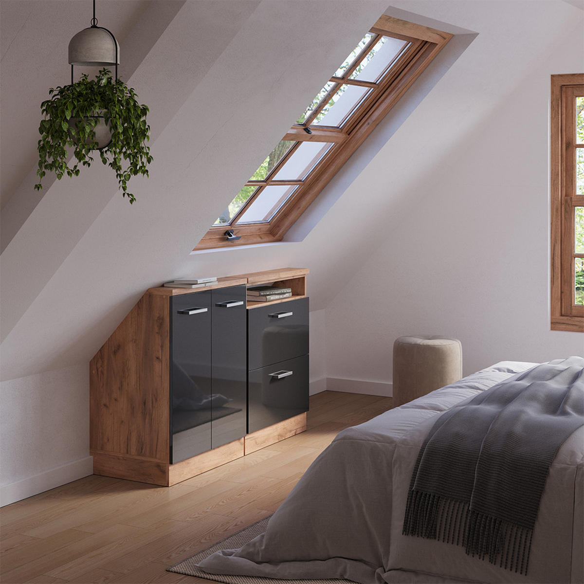 KUCHYŇSKÁ SKŘÍŇKA POD ŠIKMOU STŘECHU R-Line Antracitový vysoký lesk/zlatý dub power - medově dubová/antracitová, kompozitní dřevo (120/81.6/46cm) - Vicco