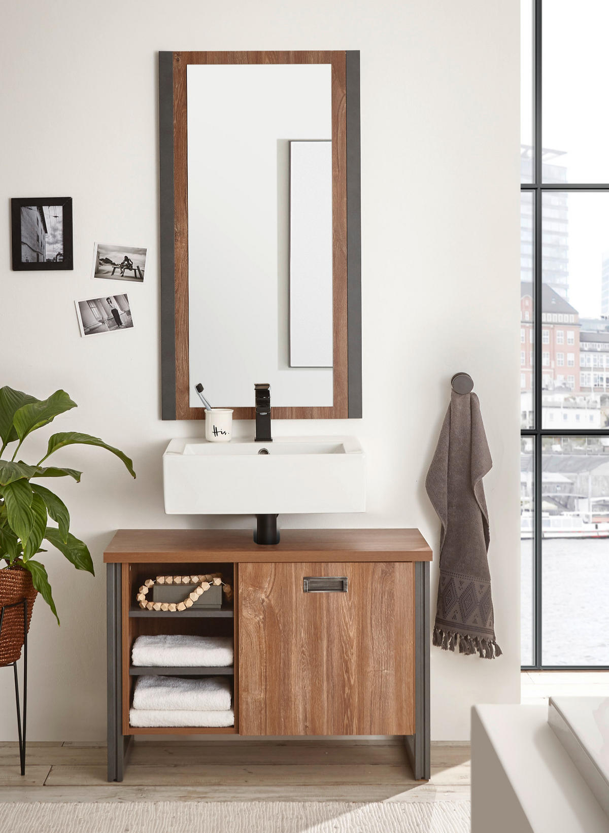 BADMÖBEL-SET 3-teilig Eiche Stirling, Matera grau, Badkombination 191 x 205 cm - Eichefarben/Grau, Holzwerkstoff (191/205/40cm)