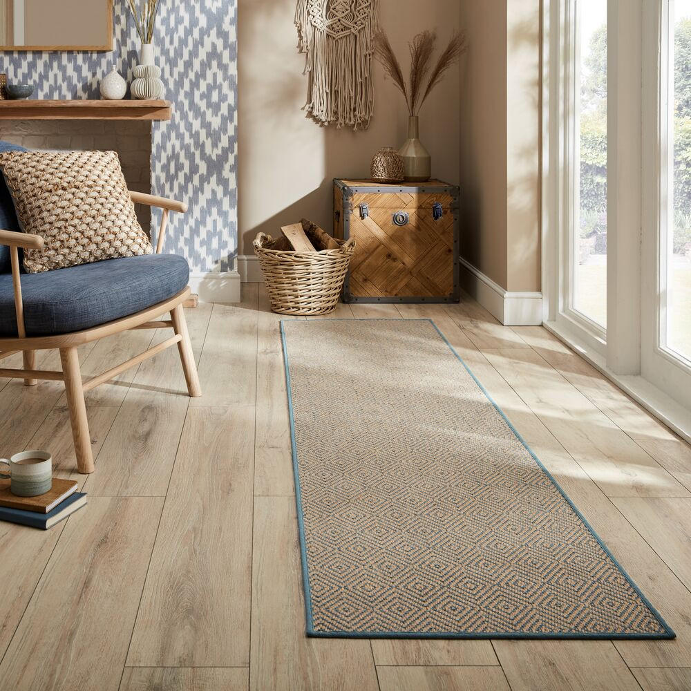 TEPPICH Jute Geometrisch-Design CARRON, Braun-Blau 60x800 cm - Blau/Braun, Naturmaterialien (60/800cm) - KADIMA DESIGN