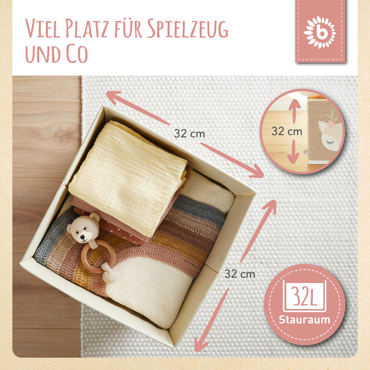 AUFBEWAHRUNGSBOX Kinder Reh Ella - Beige/Creme, Textil (33/33cm) - Bieco Spielwaren