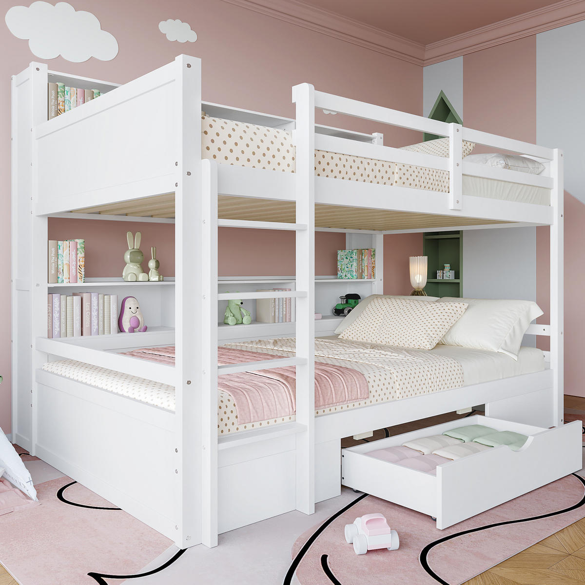 ETAGENBETT 90/200 cm Weiß mit Schublade und Ablagefächern ohne Matratze - Weiß, Holz (90/200cm) - MIVRAY