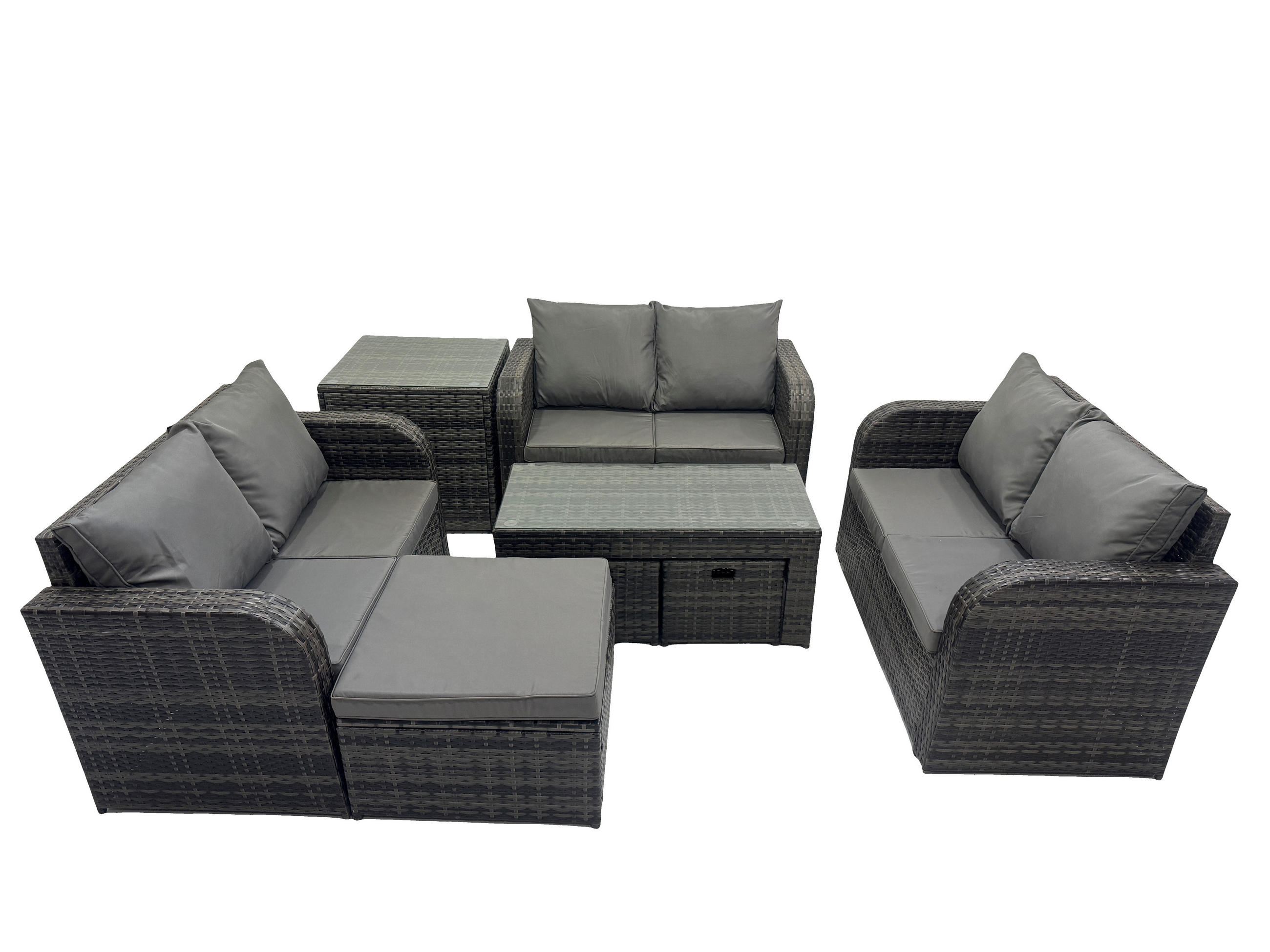 GARTENSOFA SET mit rechteckigem COUCHTISCH Polyrattan 9-Sitzer Dunkelgrau - Dunkelgrau/Grau, Glas/Kunststoff - Fimous