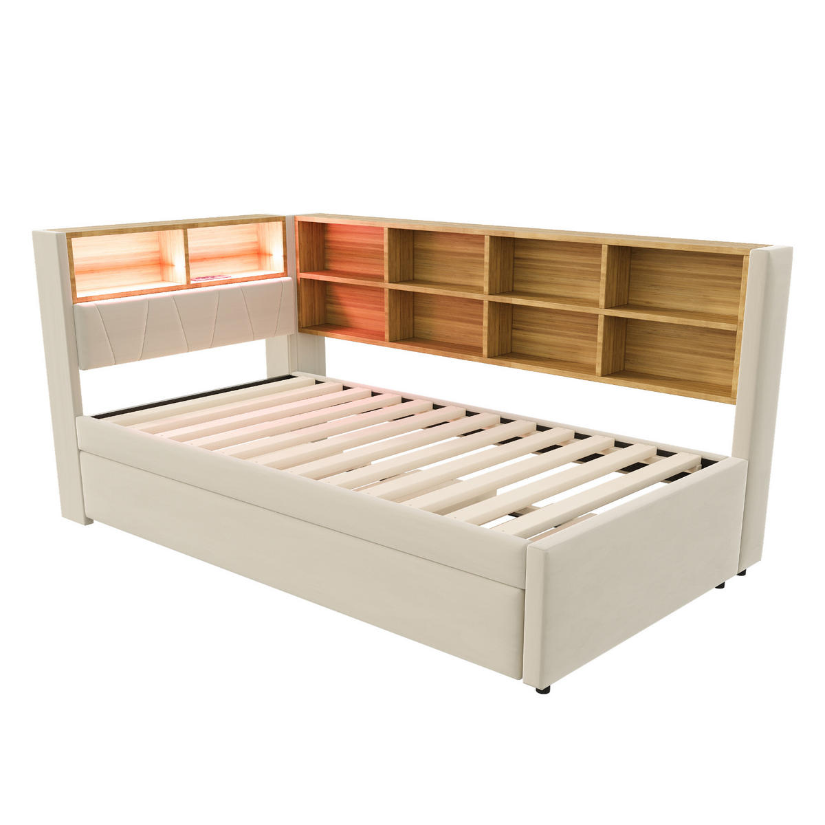BETT 90/200 cm mit Ausziehbett 90/190 cm Flanell Beige mit LED-Beleuchtung und Multifunktionsanschlüssen - Beige, Textil (90/200cm) - OKWISH