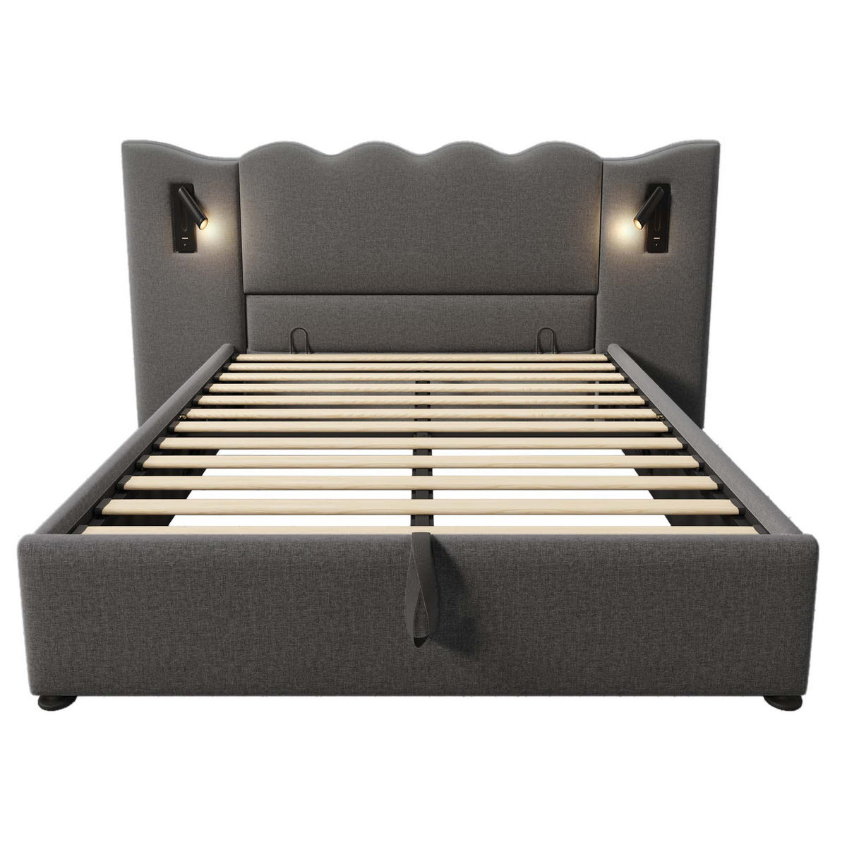 POLSTERBETT 160/200 cm Grau mit Leselampe und USB Type-C Ladefunktion - Grau, Textil (160/200cm) - OKWISH