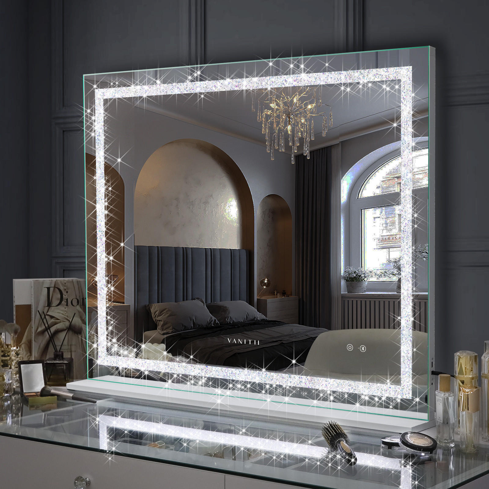 SCHMINKSPIEGEL mit LED Lichtleiste mit Diamant-Effekt und Bluetooth weiß 100/80 cm - Weiß, Metall (108/92/15cm) - VANITII