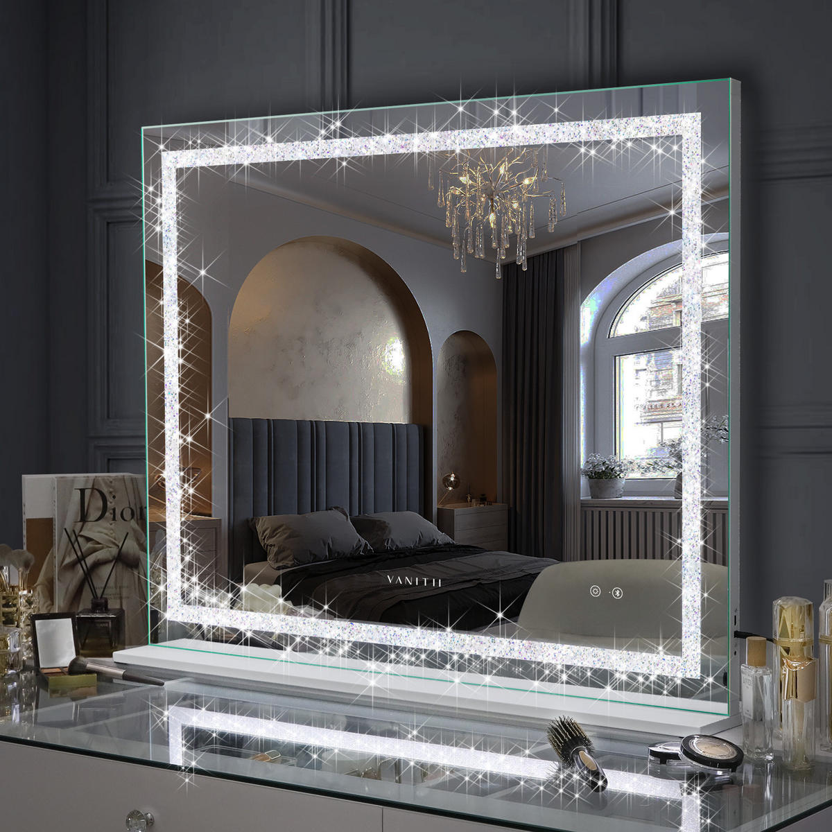 SCHMINKSPIEGEL mit LED Lichtleiste mit Diamant-Effekt und Bluetooth weiß 100/80 cm - Weiß, Metall (108/92/15cm) - VANITII