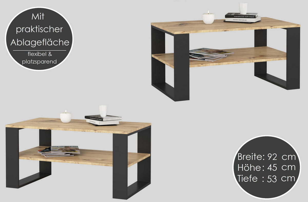 COUCHTISCH Rechteckig Eiche Artisan - Schwarz 92/45/53 cm - Schwarz/Eiche Artisan, Holzwerkstoff (53/92/45cm) - designimpex