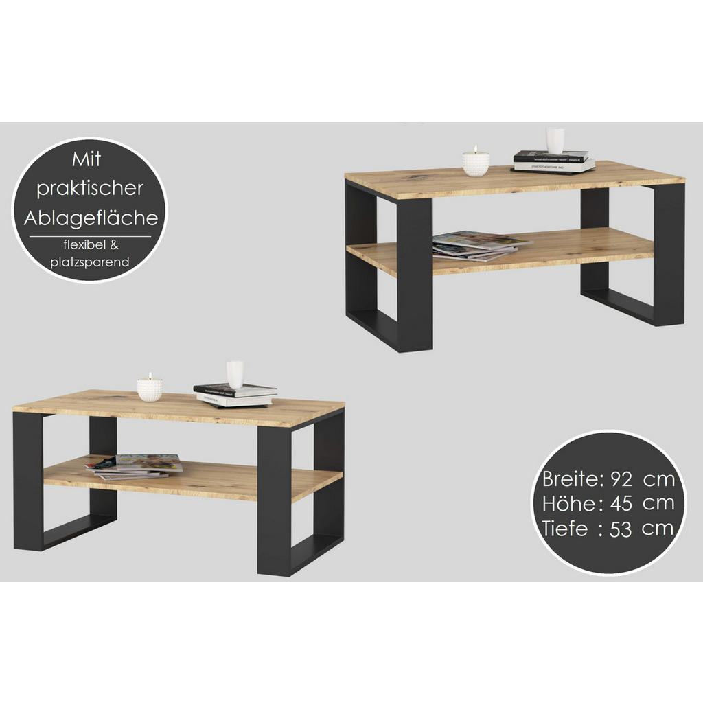 Thumbnail - designimpex Couchtisch, Sonoma Eiche, Weiß, Holzwerkstoff, 92x45x53 cm, Wohnzimmer, Wohnzimmertische, Couchtische