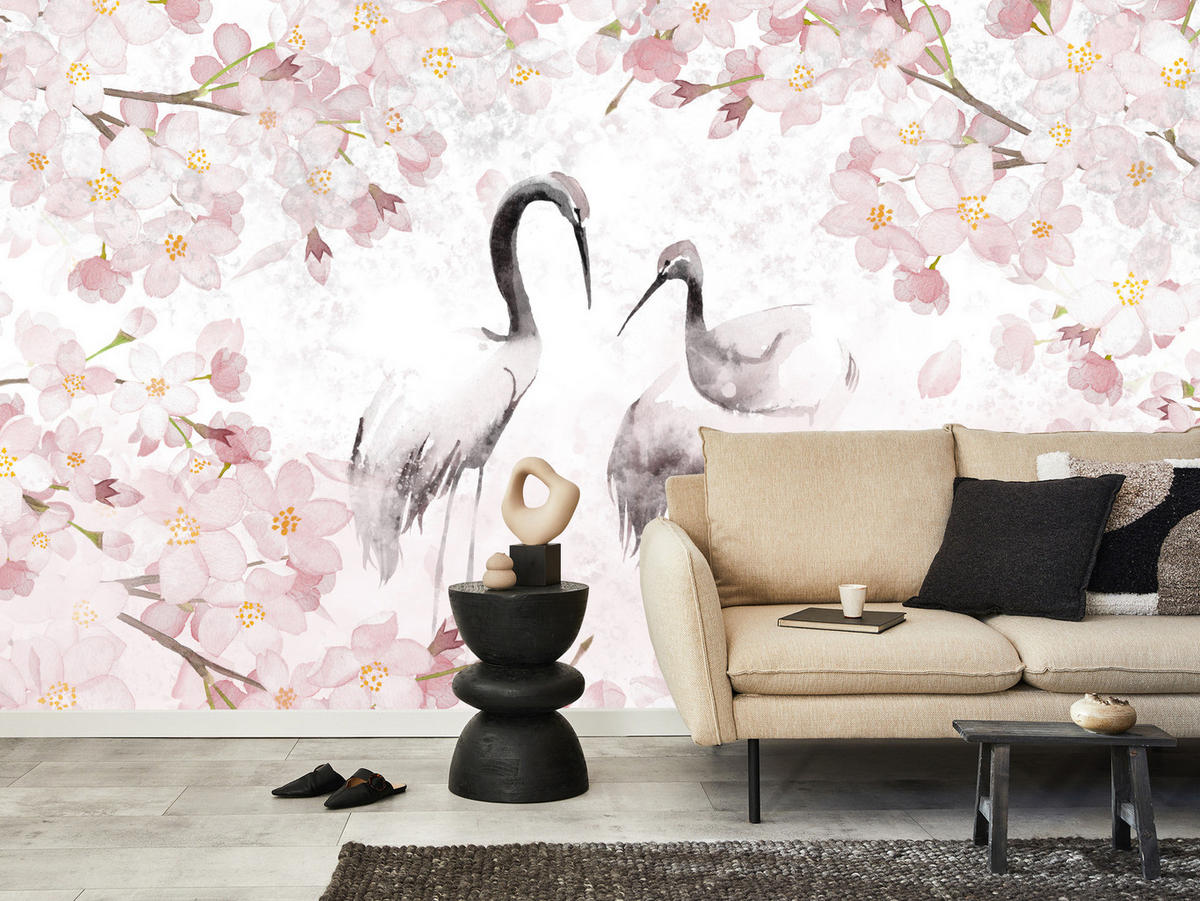 FOTOTAPETE Kraniche Kirschblüten Natur Aquarell 150x105 - Beige/Schwarz, Papier (150/105cm) - Muralo