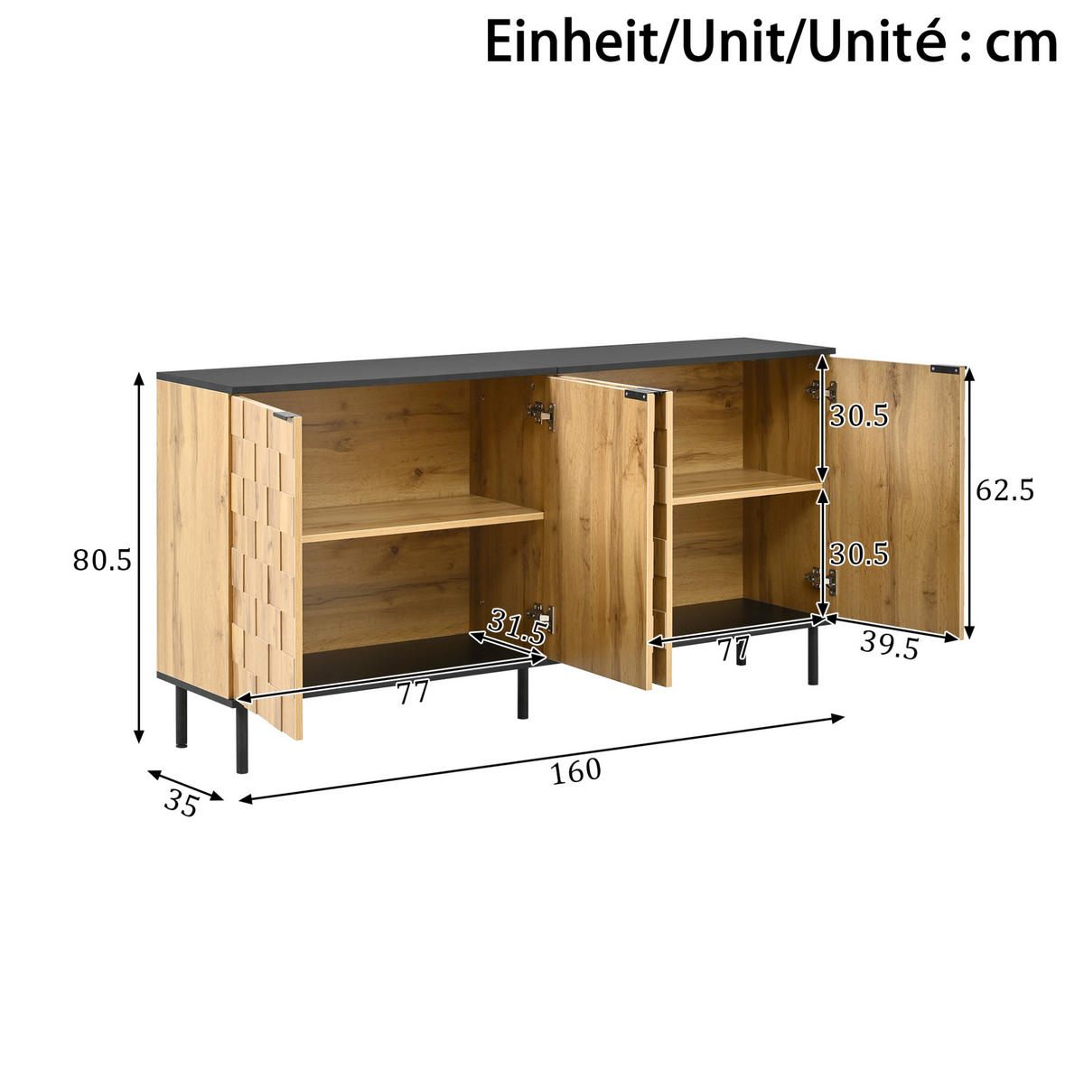 SIDEBOARD 160/35/80,5 cm mit 2 Türen in Natur/Schwarz & Mosaikfronten - Naturfarben, Holzwerkstoff (160/80/35cm) - BEAOK