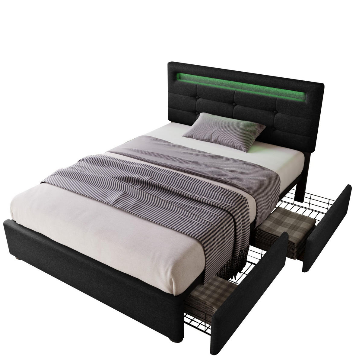 POLSTERBETT 90/200 cm mit LED-Kopfteil, 2 Schubladen & verstellbarem Kopfteil, Schwarz - Schwarz, Textil (90/200cm) - Redom