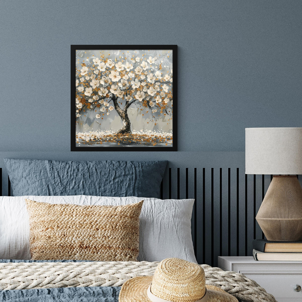 POSTER MIT RAHMEN Baum - Blumen - Weiß - Natur - Kunst 40x40 cm - Weiß, Papier (40/40cm) - MuchoWow