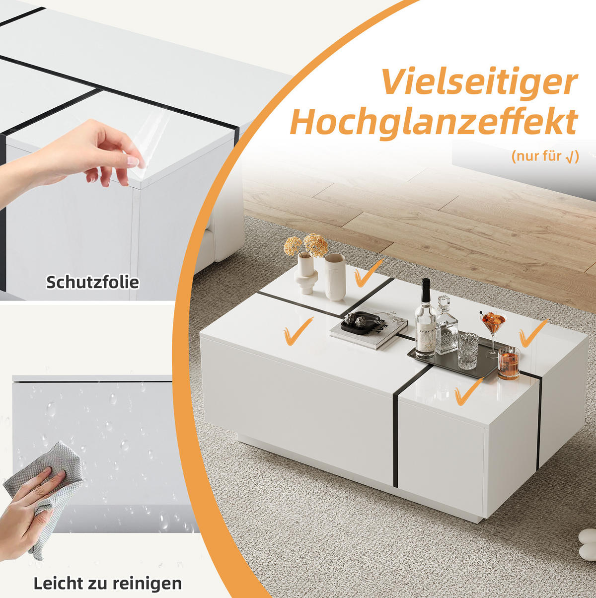 COUCHTISCH 100/60/40 cm Weiß/Schwarz aus Spanplatte mit 4 Schubladen - Schwarz, Holzwerkstoff (100/60/40cm) - OKMYHOME