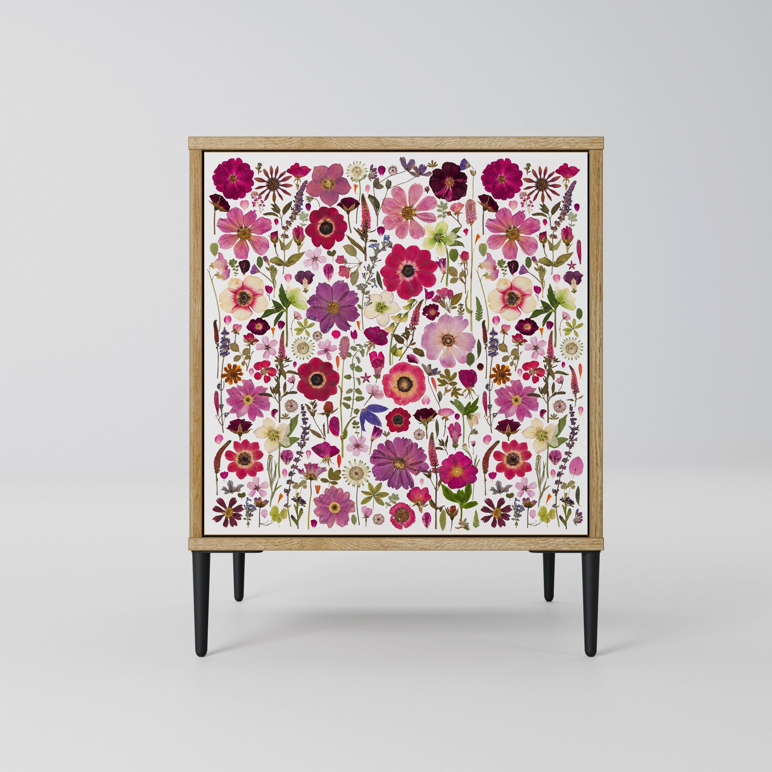 SIDEBOARD PETAL GARDEN, Eichefarben, 57,5x42x72,5 cm, Schwarze Metallfüße - Eichefarben/Multicolor, Holzwerkstoff/Metall (57.5/72.5/42cm) - SpaceRebels