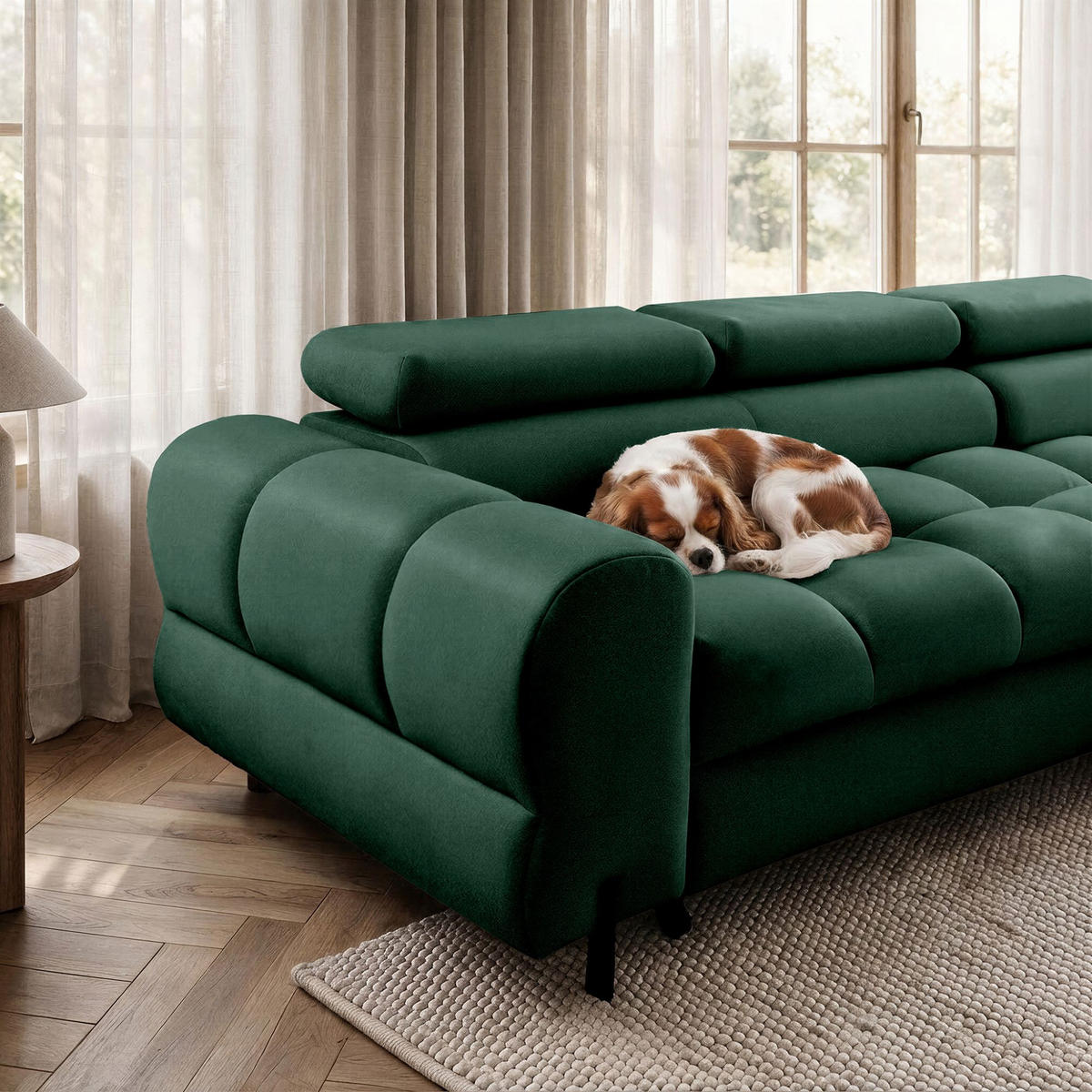ECKSOFA UFFO L Rechts mit Schlaffunktion 260x195 Velours Dunkelgrün - Dunkelgrün/Schwarz, Holz/Textil (195/260cm) - Muffo