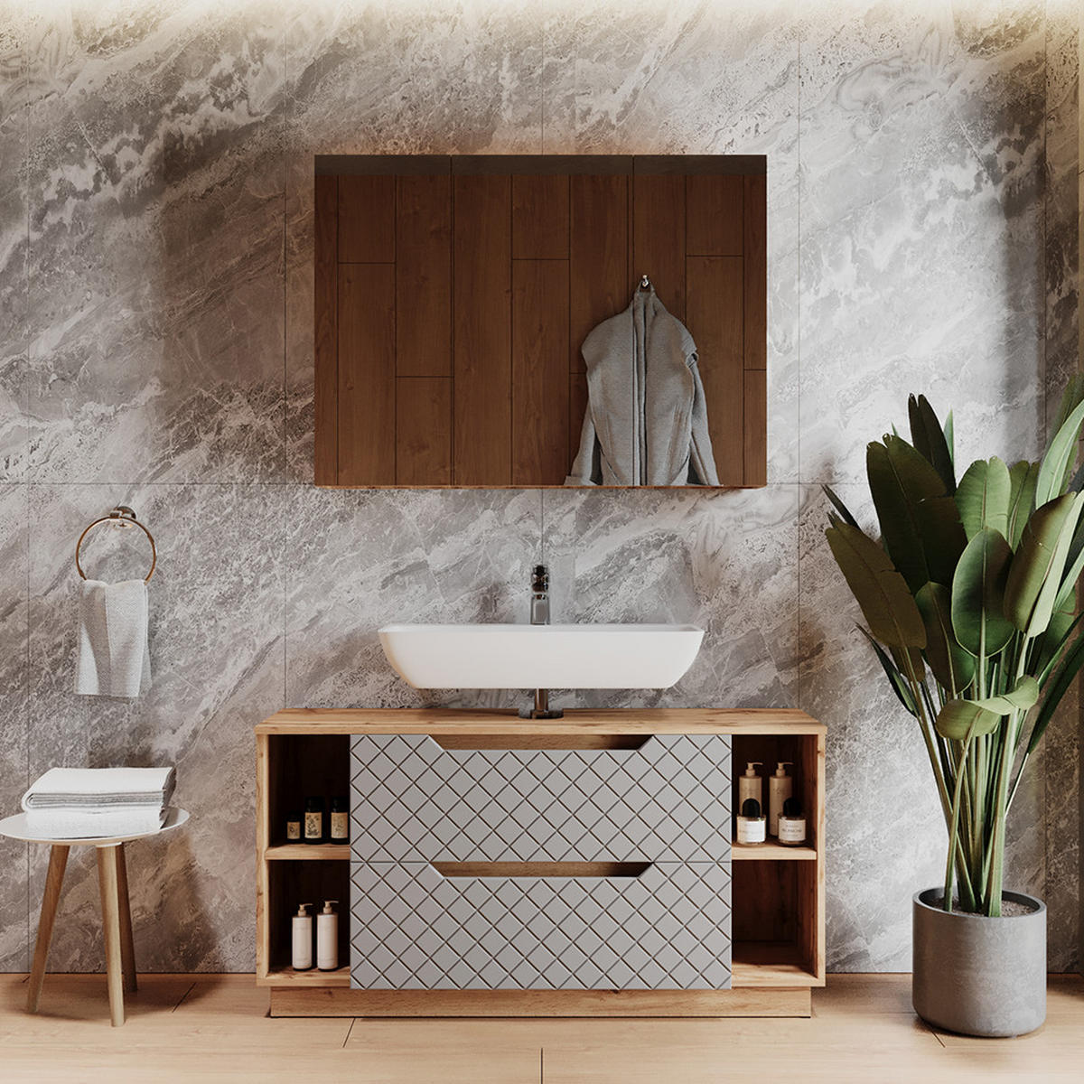 KOUPELNOVÝ NÁBYTEK Lotta Dub/šedá se strukturou dlaždic - šedá/barva dubu, kompozitní dřevo (119.2/62.5/35cm) - Vicco