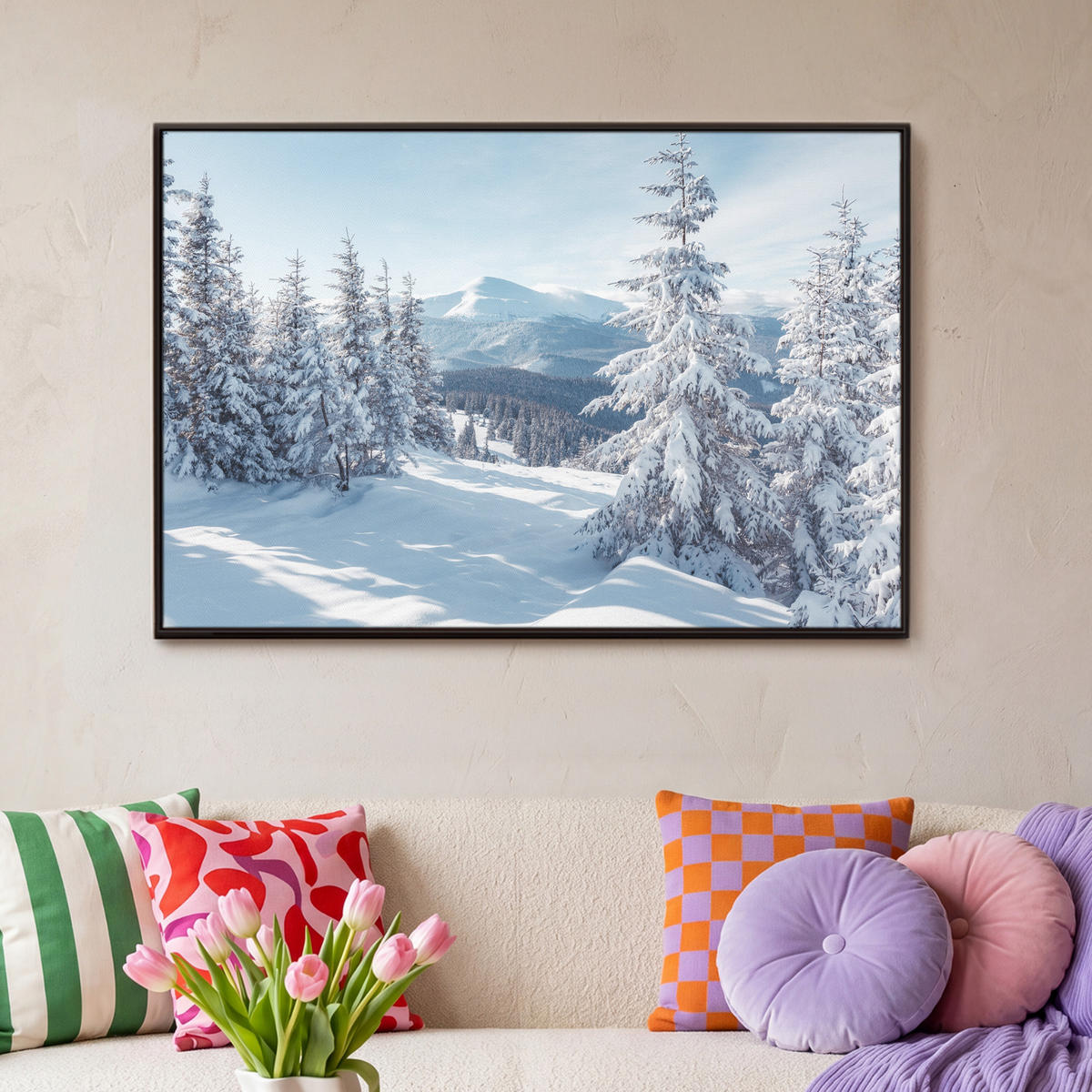 LEINWAND Bilder mit Rahmen - Winterlandschaft - Natur - Berge - Bäume - Schnee - 90x60 - Hellblau, Textil (90/60cm) - MuchoWow
