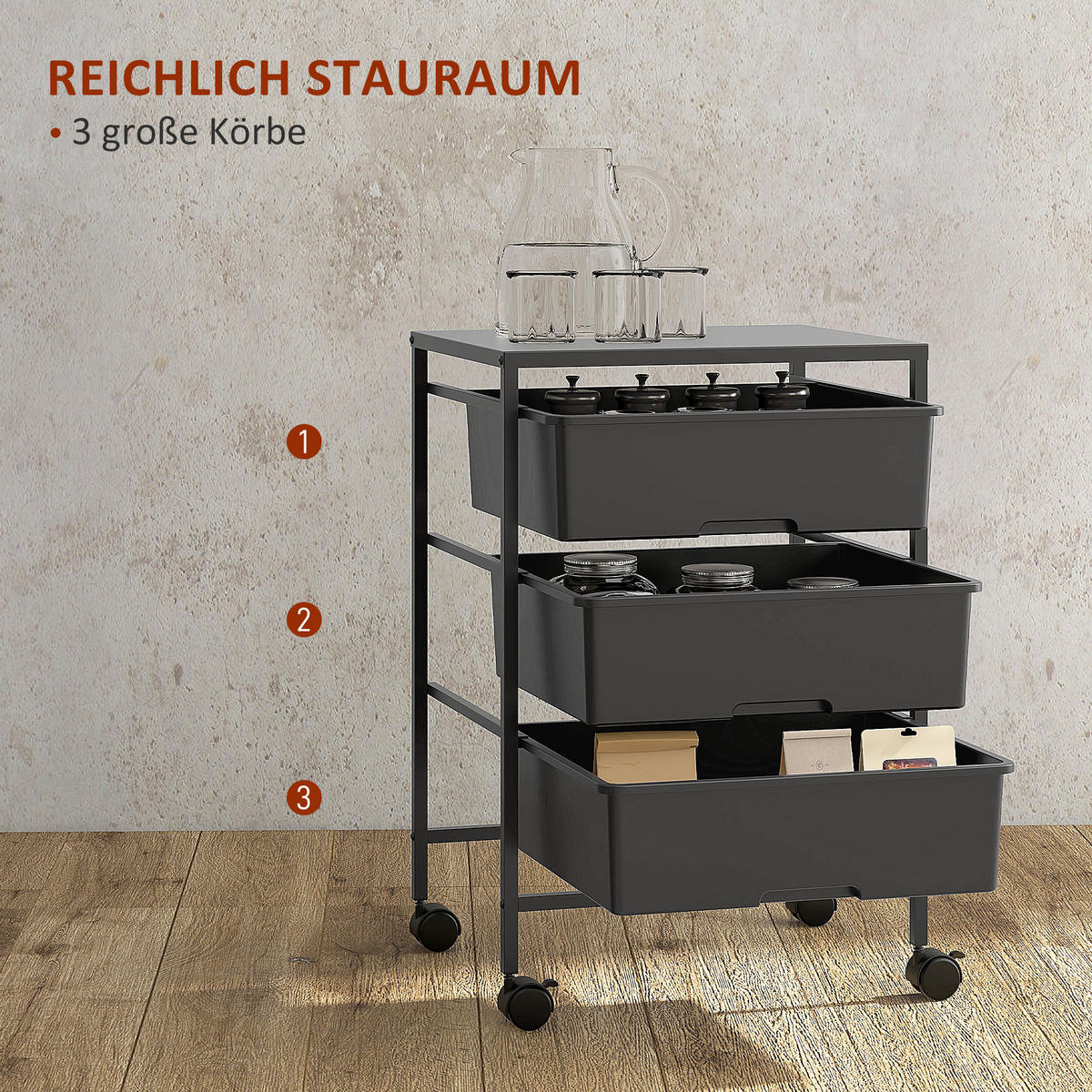 ROLLWAGEN, Servierwagen mit 3 Etagen, 40,8 x 33,5 x 60,5 cm, Schwarz - Schwarz, Metall (40.8/60.5/33.5cm) - HOMCOM