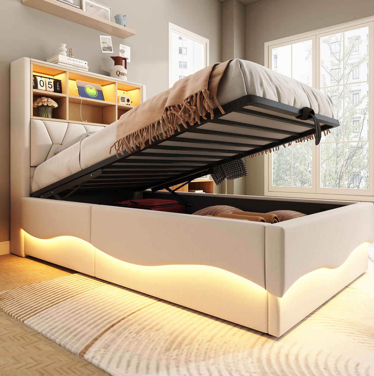 KINDERBETT 90/200 cm mit Stauraum, LED-Beleuchtung und USB in Beige - Beige, Metall (90/200cm) - BEAOK