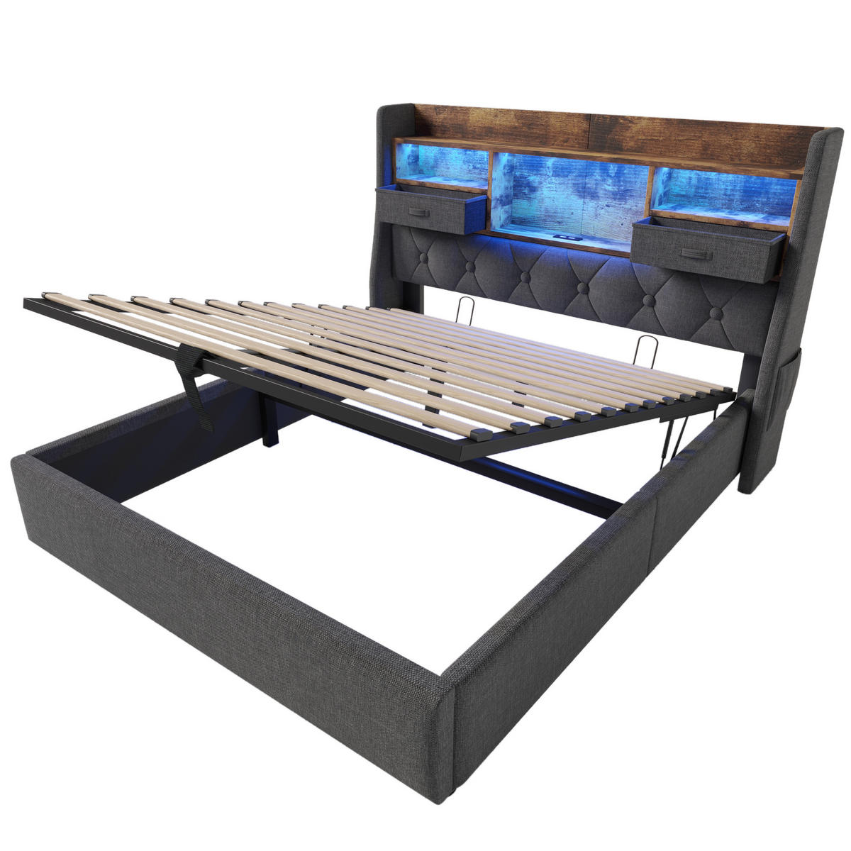 POLSTERBETT 140/200 cm Grau mit hydraulischem Stauraum und LED-Kopfteil mit Matratze - Grau, Textil (140/200cm) - OKWISH