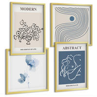 BILDER SET 4er Set - 50x50 cm & 40x60 cm Goldrahmen - abstrakte Poster mit Blumenlinien - Goldfarben, Kunststoff (50/50cm) - TULUP