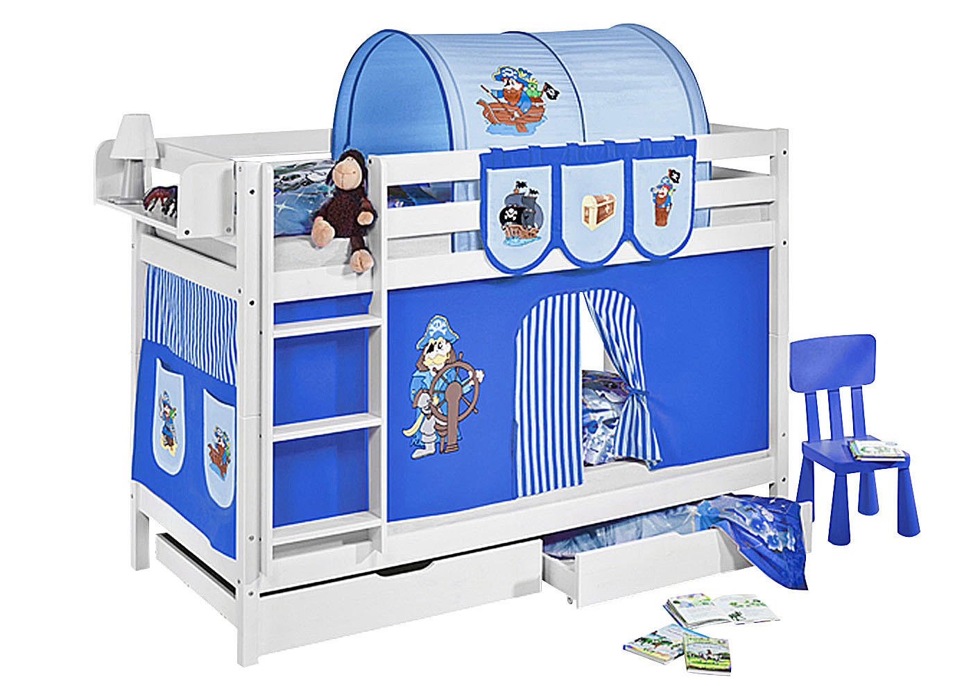 ETAGENBETT JELLE 90x200 cm Pirat blau - Hochbett - inkl. Vorhang und 2 Lattenrosten - Weiß, Holz - Lilokids