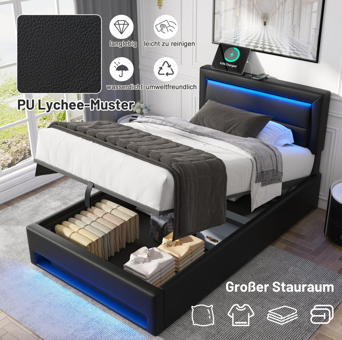 POLSTERBETT 140/200 cm aus Leinen mit LED-Beleuchtung USB und Stauraum Antikgrau - Beige, Textil (140/200cm) - Modenvie
